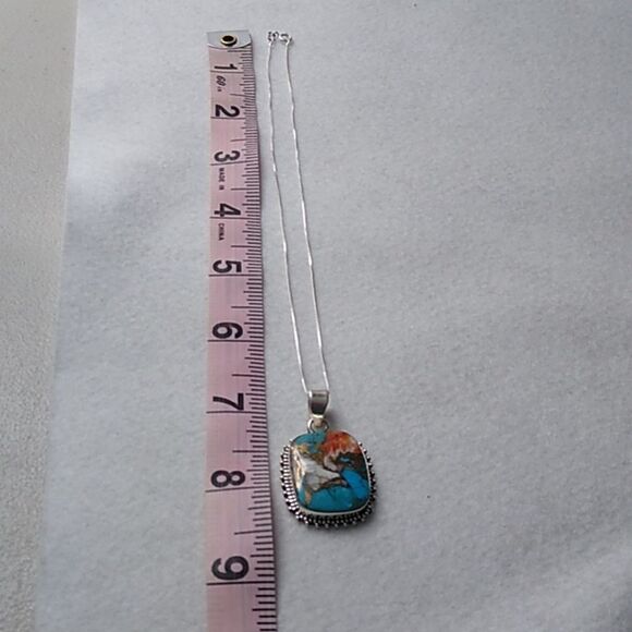SOUTHWEST Copper Turquoise Spiny Oyster Sterling Silver Pendant & Necklace. - Picture 6 of 7